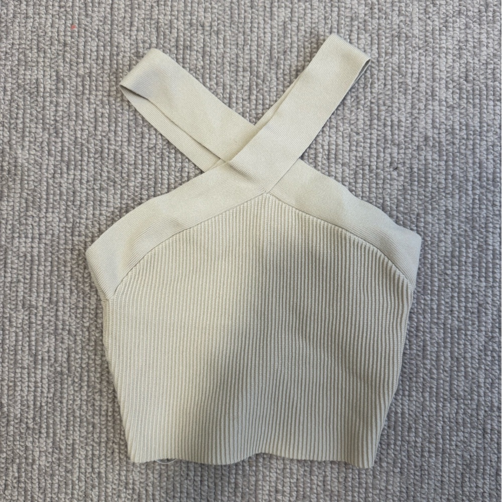 Aritzia Babaton Matte Pearl Sculpt Knit Criss Cross Cropped Top